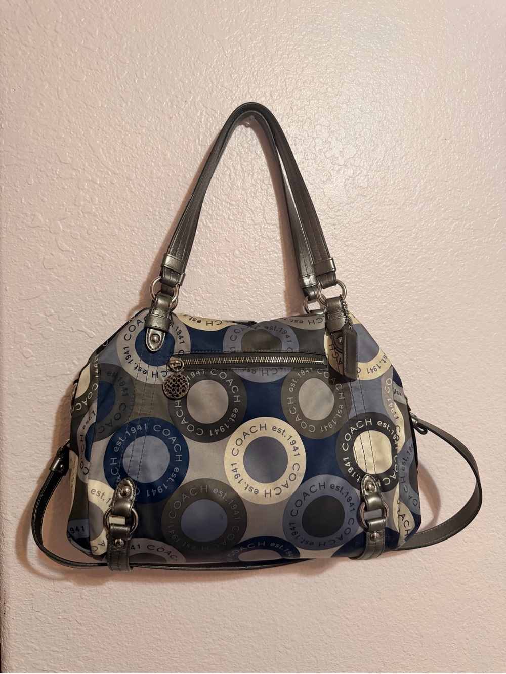 Vintage Coach Gray and Blue Circle-Print Shoulder Bag